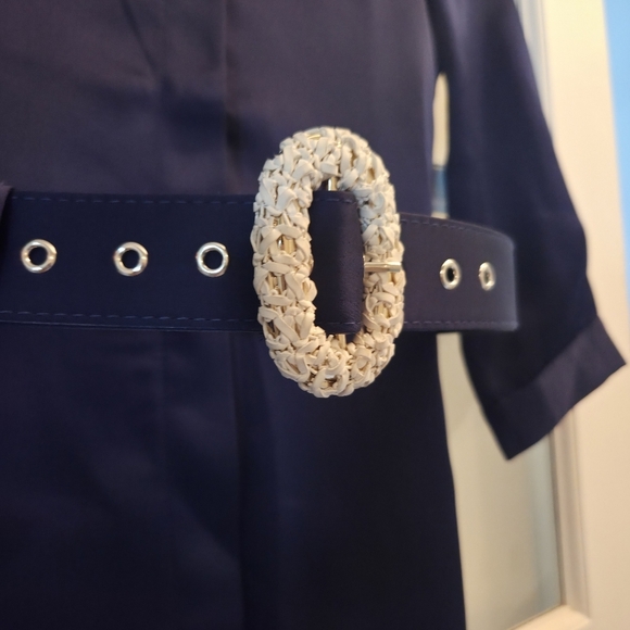 Aleeza Elegant Marquis Navy Belted Midi Dress With Pleats - Picture 9 of 9